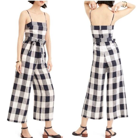 J.CREW Gingham Beauchamps Linen Spaghetti Strap Jumpsuit In Navy Ivory Size 12 - Picture 2 of 10
